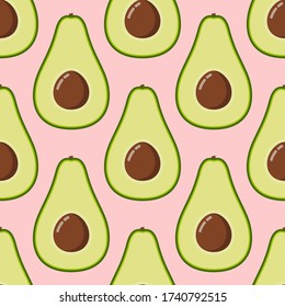 Avocado seamless pattern on pink background. Whole and cut avocado. Vector illustration