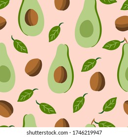 Patrón aguacate sin fisuras sobre fondo rosado. La mitad de las frutas con piedras y hojas. Excelente para telas, papel de envoltura, papel pintado, cubiertas. 