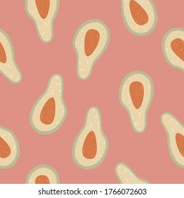 Avocado seamless pattern on pink background, hand drawn tropical plants on isolated vector illustration.