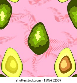 Avocado seamless pattern on tropical leaves background. Cute nature illustration. Decorative design for textile, fabric, wallpaper.