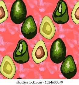 Avocado seamless pattern on tropical leaves background. Cute nature illustration. Decorative design for textile, fabric, wallpaper.