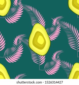 Avocado seamless pattern on tropical leaves background. Cute nature illustration. Decorative design for textile, fabric, wallpaper.