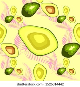 Avocado seamless pattern on tropical leaves background. Cute nature illustration. Decorative design for textile, fabric, wallpaper.