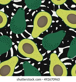 Avocado seamless pattern on tropical leaves background. Cute nature vector illustration. Decorative design for textile, fabric, wallpaper.