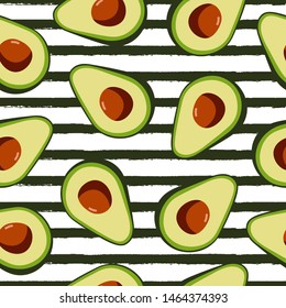 Avocado seamless pattern on white background with grunge stripes. Perfect for textile, print, banners, vegan products packaging. Healthy food.  Vector hand draw illustration.