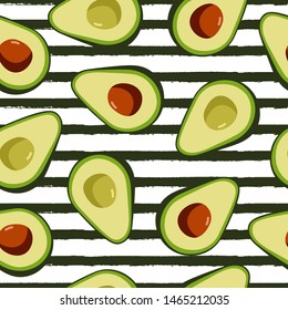 Avocado seamless pattern on white background with grunge stripes. Perfect for textile, print, banners, vegan products design. Healthy food.  Vector hand draw illustration.