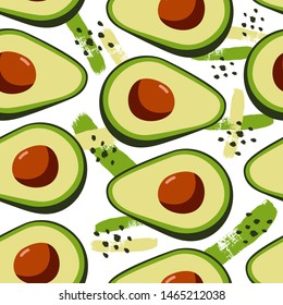 Avocado seamless pattern on white background with grunge dots and strokes. Perfect for textile, print, banners, vegan products design. Healthy food.  Vector hand draw illustration.