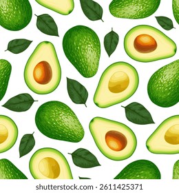 Avocado. Seamless pattern of avocado on white background. Whole and sliced ​​avocado with leaves. Design is great for wallpaper, fabric, labels, packaging.