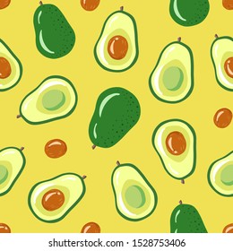 Avocado seamless pattern on yellow background. Avocado pattern for print, fabric and organic, vegan, raw products packaging. Texture for Eco products and healthy food.