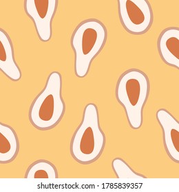 Avocado seamless pattern on yellow background in pastel colors, hand drawn tropical plants on isolated vector illustration.