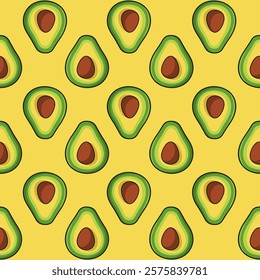 Avocado seamless pattern on yellow background for textile, wrapping paper design. Vector flat illustration