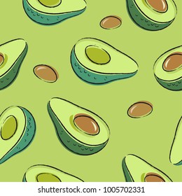 Avocado seamless pattern. Avocado one cut in half with bone on a green background.