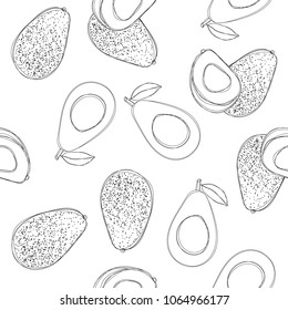 Avocado seamless pattern. Outline vector illustration.