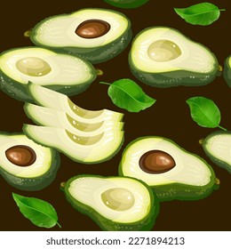 Avocado seamless pattern with pieces and leaves. Fresh organic healthy food on a brown background. Vegetable Cooking concept. Vector illustration. 