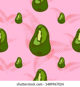 Avocado seamless pattern with pink tropical leaves on white background. Decorative design for textile, fabric, decor, wallpaper.