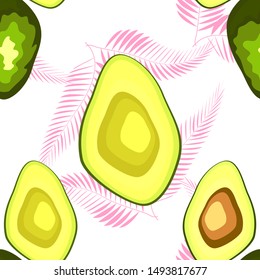 Avocado seamless pattern with pink tropical leaves on white background. Decorative design for textile, fabric, decor, wallpaper.