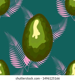 Avocado seamless pattern with pink tropical leaves on white background. Decorative design for textile, fabric, decor, wallpaper.