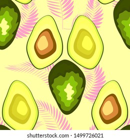 Avocado seamless pattern with pink tropical leaves on white background. Decorative design for textile, fabric, decor, wallpaper.