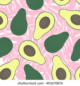 Avocado seamless pattern with pink tropical leaves on white background. Cute nature vector illustration. Decorative design for textile, fabric, decor, wallpaper.