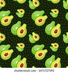 Avocado seamless pattern with Polka dots for print, fabric and organic, raw products packaging. Texture for eco and healthy food on Black Background