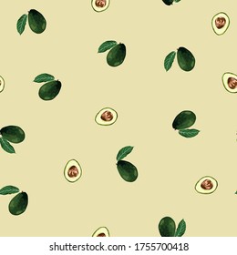 Avocado seamless pattern for print, fabric and organic, vegan, raw products packaging. Texture for eco and healthy food. Seamless pattern whole and sliced avocado.