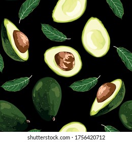 Avocado seamless pattern for print, fabric and organic, vegan, raw products packaging. Texture for eco and healthy food. Seamless pattern whole and sliced avocado. Black background.