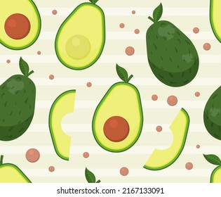 Avocado seamless pattern. Repeating image for printing on wrapping paper. Natural and organic products and fruits. Slices and halves, vegetarianism and vitamins. Cartoon flat vector illustration