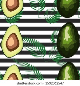 Avocado seamless pattern. Ripe vegetables on striped background. Healthy food print