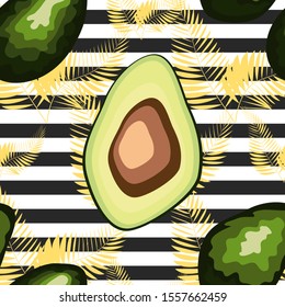 Avocado seamless pattern. Ripe vegetables on striped background. Healthy food print