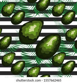 Avocado seamless pattern. Ripe vegetables on striped background. Healthy food print