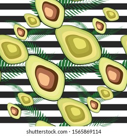 Avocado seamless pattern. Ripe vegetables on striped background. Healthy food print