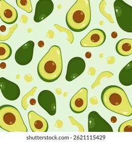 Padrão sem emenda abacate com fatia de abacate e semente. Ilustração de alimentos e frutas