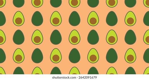 Avocado seamless pattern. Sliced and whole on a light background. Ideal for food packaging, kitchen decor, fabric prints, or fresh organic themed designs. Minimalistic simple vector illustration. 