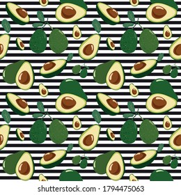 Avocado seamless pattern for textiles, prints. Avocado on striped background. Healthy food
