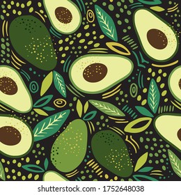 Avocado seamless pattern. Texture for eco and healthy food. Modern, trend. Black background.