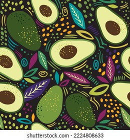 Avocado seamless pattern. Texture for eco and healthy food. Modern, trend. Black background. Colorful