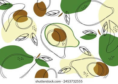 Avocado seamless pattern. Texture for eco and healthy food. Modern, trend. Seamless pattern avocado fruits, halves, seeds. Vector graphics.