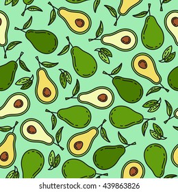 Avocado seamless pattern. Tropic exotic fruit. Health food, fabric wallpaper textile ornament. Organic flat plane actual summer theme. Market restaurant cafe cuisine tasty sweet. Menu element. Print