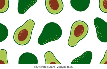 Avocado seamless pattern. Tropical fruits background design. Collection of organic vitamins and healthy nutrition. Flat Vector illustration