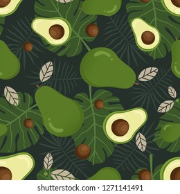 Avocado seamless pattern with tropical leaves. Avocado seamless pattern. Whole and sliced avocado with leaves. Vector illustration of a seamless pattern with avocado fruit