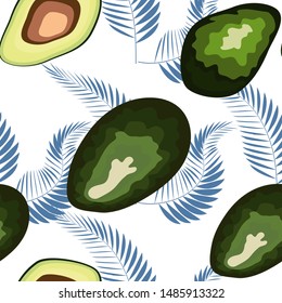 Avocado seamless pattern with tropical leaves of palm tree, background.