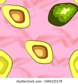 Avocado seamless pattern with tropical leaves of palm tree, background
