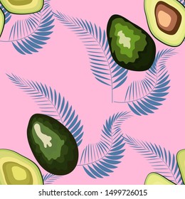 Avocado seamless pattern with tropical leaves of palm tree, background.