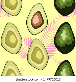Avocado seamless pattern with tropical leaves of palm tree