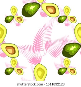Avocado seamless pattern with tropical leaves of palm tree, background