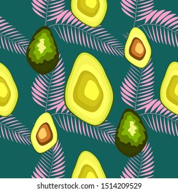 Avocado seamless pattern with tropical leaves of palm tree, background