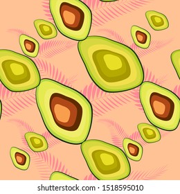 Avocado seamless pattern with tropical leaves of palm tree