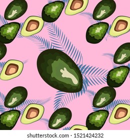 Avocado seamless pattern with tropical leaves of palm tree, background.