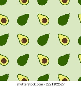 Avocado, seamless pattern, vector. A pattern of green avocados on a light green background.