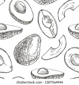 Avocado seamless pattern. Vector hand drawn illustrations. Avocado, sliced pieces, half, leaf and seed sketch. Tropical summer fruit engraved style illustration.